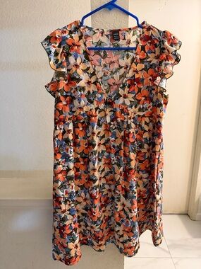 SHEIN Orange Blue Cream Floral V-Neck Ruffle Sleeve Tunic